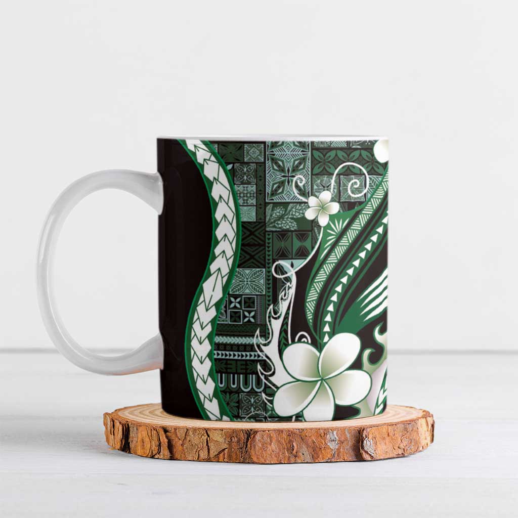 Samoa Siapo Tribal Pattern Ceramic Mug Forest Green Polynesian Plumeria Tapa Motif