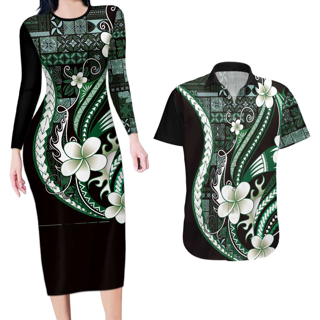 Samoa Siapo Tribal Pattern Couples Matching Long Sleeve Bodycon Dress and Hawaiian Shirt Forest Green Polynesian Plumeria Tapa Motif LT9 Green - Polynesian Pride