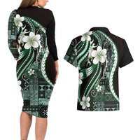 Samoa Siapo Tribal Pattern Couples Matching Long Sleeve Bodycon Dress and Hawaiian Shirt Forest Green Polynesian Plumeria Tapa Motif LT9 - Polynesian Pride