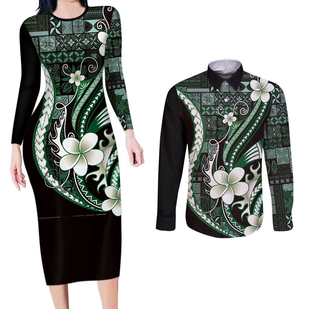 Samoa Siapo Tribal Pattern Couples Matching Long Sleeve Bodycon Dress and Long Sleeve Button Shirt Forest Green Polynesian Plumeria Tapa Motif LT9 Green - Polynesian Pride