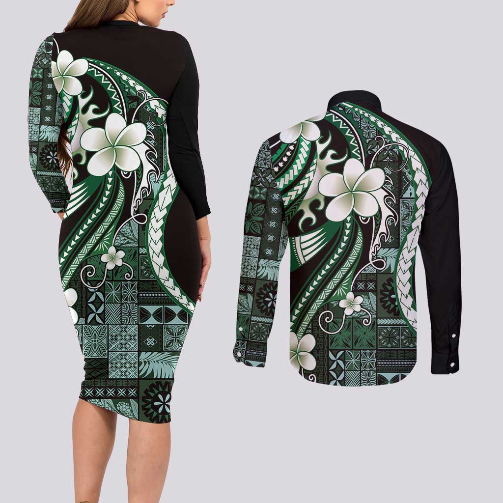 Samoa Siapo Tribal Pattern Couples Matching Long Sleeve Bodycon Dress and Long Sleeve Button Shirt Forest Green Polynesian Plumeria Tapa Motif LT9 - Polynesian Pride