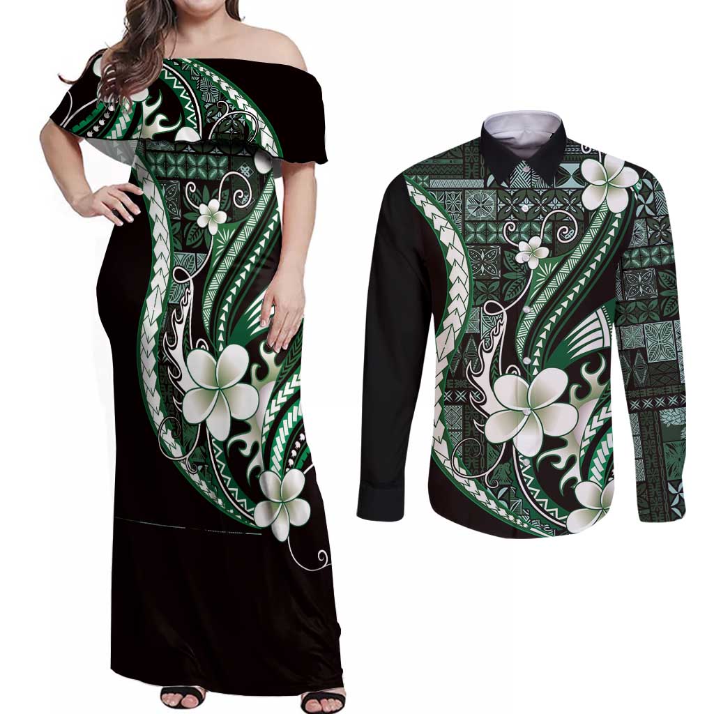 Samoa Siapo Tribal Pattern Couples Matching Off Shoulder Maxi Dress and Long Sleeve Button Shirt Forest Green Polynesian Plumeria Tapa Motif LT9 Green - Polynesian Pride