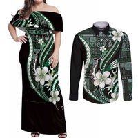Samoa Siapo Tribal Pattern Couples Matching Off Shoulder Maxi Dress and Long Sleeve Button Shirt Forest Green Polynesian Plumeria Tapa Motif LT9 Green - Polynesian Pride