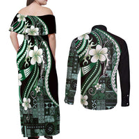 Samoa Siapo Tribal Pattern Couples Matching Off Shoulder Maxi Dress and Long Sleeve Button Shirt Forest Green Polynesian Plumeria Tapa Motif LT9 - Polynesian Pride
