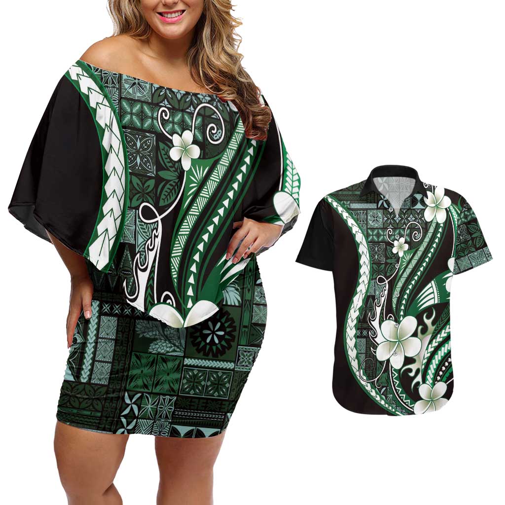 Samoa Siapo Tribal Pattern Couples Matching Off Shoulder Short Dress and Hawaiian Shirt Forest Green Polynesian Plumeria Tapa Motif LT9 Green - Polynesian Pride