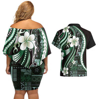 Samoa Siapo Tribal Pattern Couples Matching Off Shoulder Short Dress and Hawaiian Shirt Forest Green Polynesian Plumeria Tapa Motif LT9 - Polynesian Pride