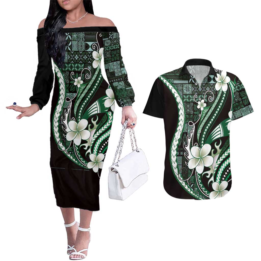 Samoa Siapo Tribal Pattern Couples Matching Off The Shoulder Long Sleeve Dress and Hawaiian Shirt Forest Green Polynesian Plumeria Tapa Motif LT9 Green - Polynesian Pride