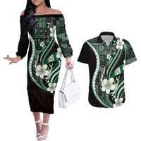 Samoa Siapo Tribal Pattern Couples Matching Off The Shoulder Long Sleeve Dress and Hawaiian Shirt Forest Green Polynesian Plumeria Tapa Motif LT9 Green - Polynesian Pride