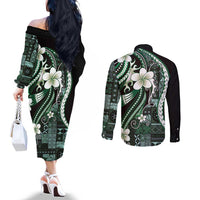 Samoa Siapo Tribal Pattern Couples Matching Off The Shoulder Long Sleeve Dress and Long Sleeve Button Shirt Forest Green Polynesian Plumeria Tapa Motif LT9 - Polynesian Pride