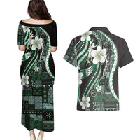 Samoa Siapo Tribal Pattern Couples Matching Puletasi and Hawaiian Shirt Forest Green Polynesian Plumeria Tapa Motif LT9 - Polynesian Pride