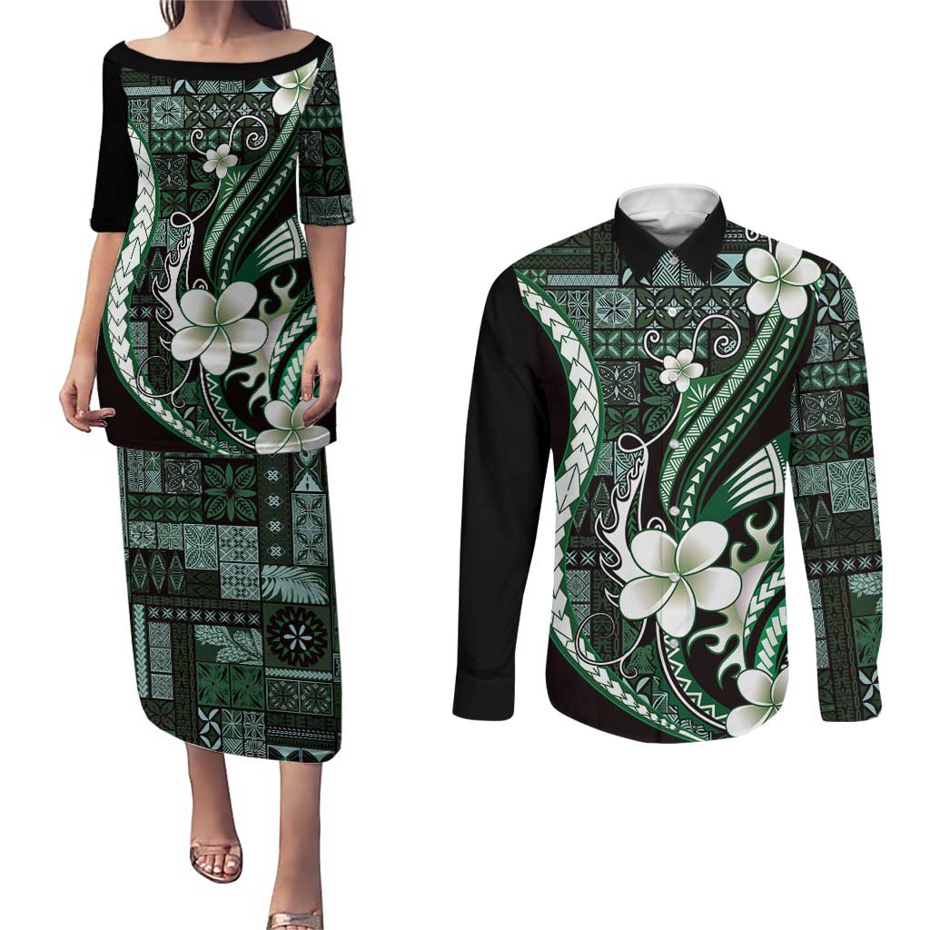Samoa Siapo Tribal Pattern Couples Matching Puletasi and Long Sleeve Button Shirt Forest Green Polynesian Plumeria Tapa Motif