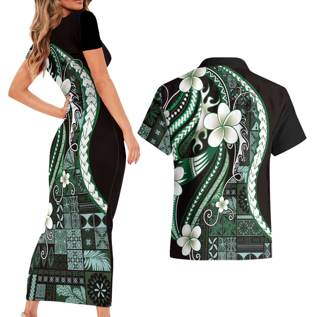 Samoa Siapo Tribal Pattern Couples Matching Short Sleeve Bodycon Dress and Hawaiian Shirt Forest Green Polynesian Plumeria Tapa Motif LT9 - Polynesian Pride