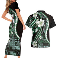 Samoa Siapo Tribal Pattern Couples Matching Short Sleeve Bodycon Dress and Hawaiian Shirt Forest Green Polynesian Plumeria Tapa Motif LT9 - Polynesian Pride