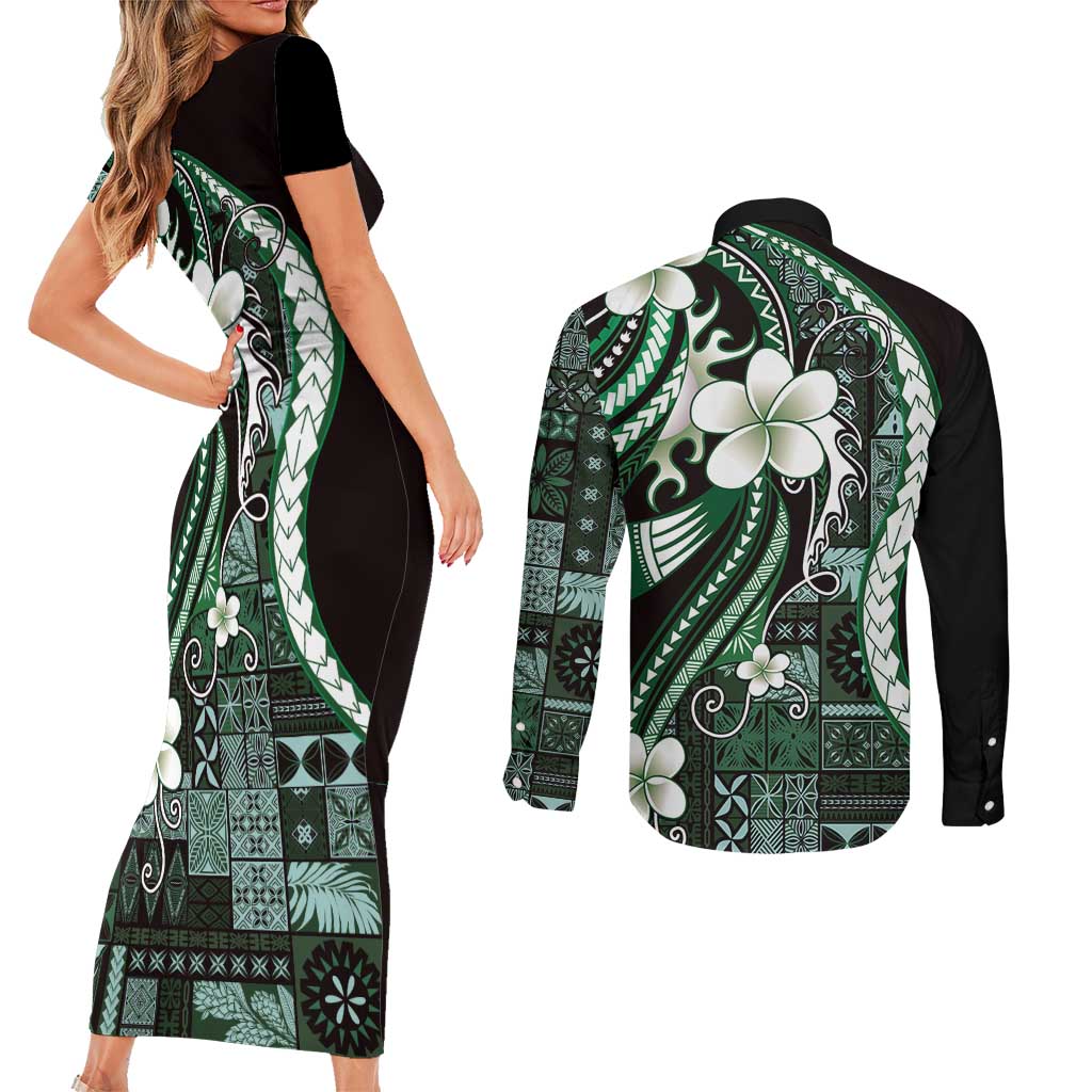 Samoa Siapo Tribal Pattern Couples Matching Short Sleeve Bodycon Dress and Long Sleeve Button Shirt Forest Green Polynesian Plumeria Tapa Motif LT9 - Polynesian Pride
