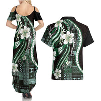 Samoa Siapo Tribal Pattern Couples Matching Summer Maxi Dress and Hawaiian Shirt Forest Green Polynesian Plumeria Tapa Motif LT9 - Polynesian Pride
