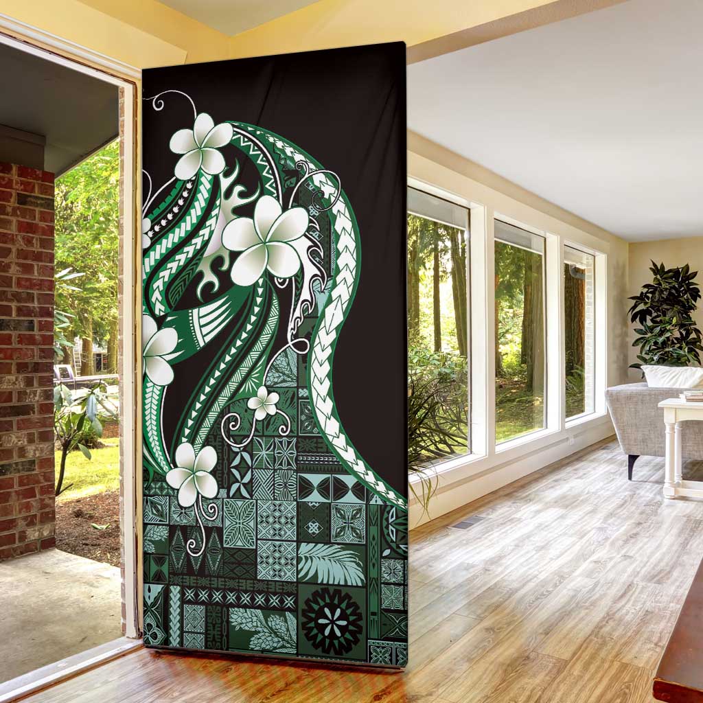 Samoa Siapo Tribal Pattern Door Cover Forest Green Polynesian Plumeria Tapa Motif