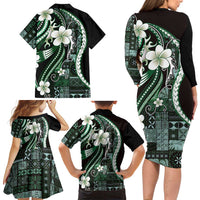 Samoa Siapo Tribal Pattern Family Matching Long Sleeve Bodycon Dress and Hawaiian Shirt Forest Green Polynesian Plumeria Tapa Motif LT9 - Polynesian Pride
