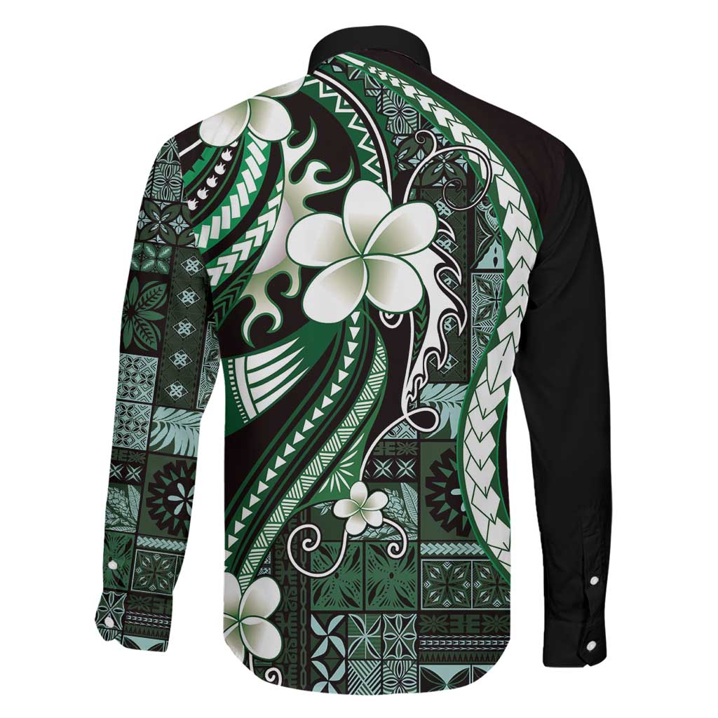Samoa Siapo Tribal Pattern Family Matching Long Sleeve Bodycon Dress and Hawaiian Shirt Forest Green Polynesian Plumeria Tapa Motif LT9 - Polynesian Pride