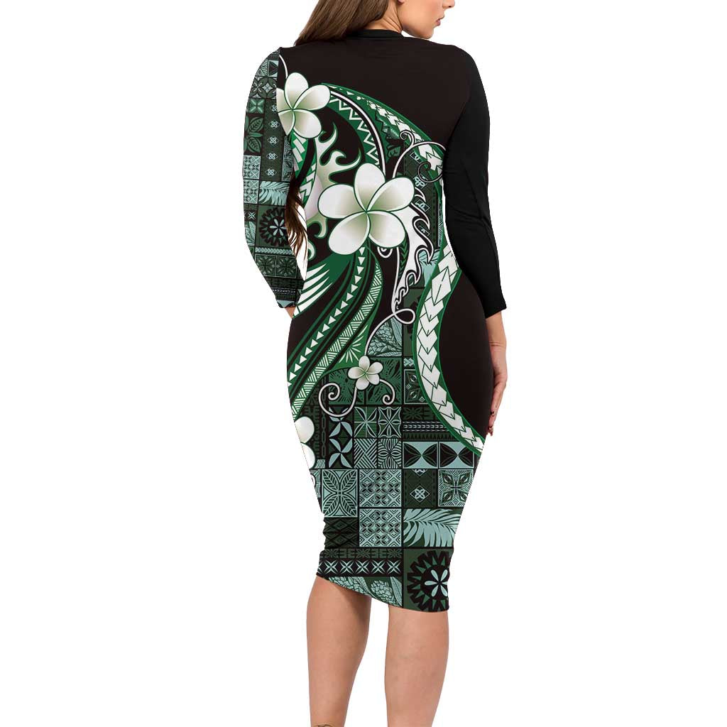 Samoa Siapo Tribal Pattern Family Matching Long Sleeve Bodycon Dress and Hawaiian Shirt Forest Green Polynesian Plumeria Tapa Motif LT9 - Polynesian Pride