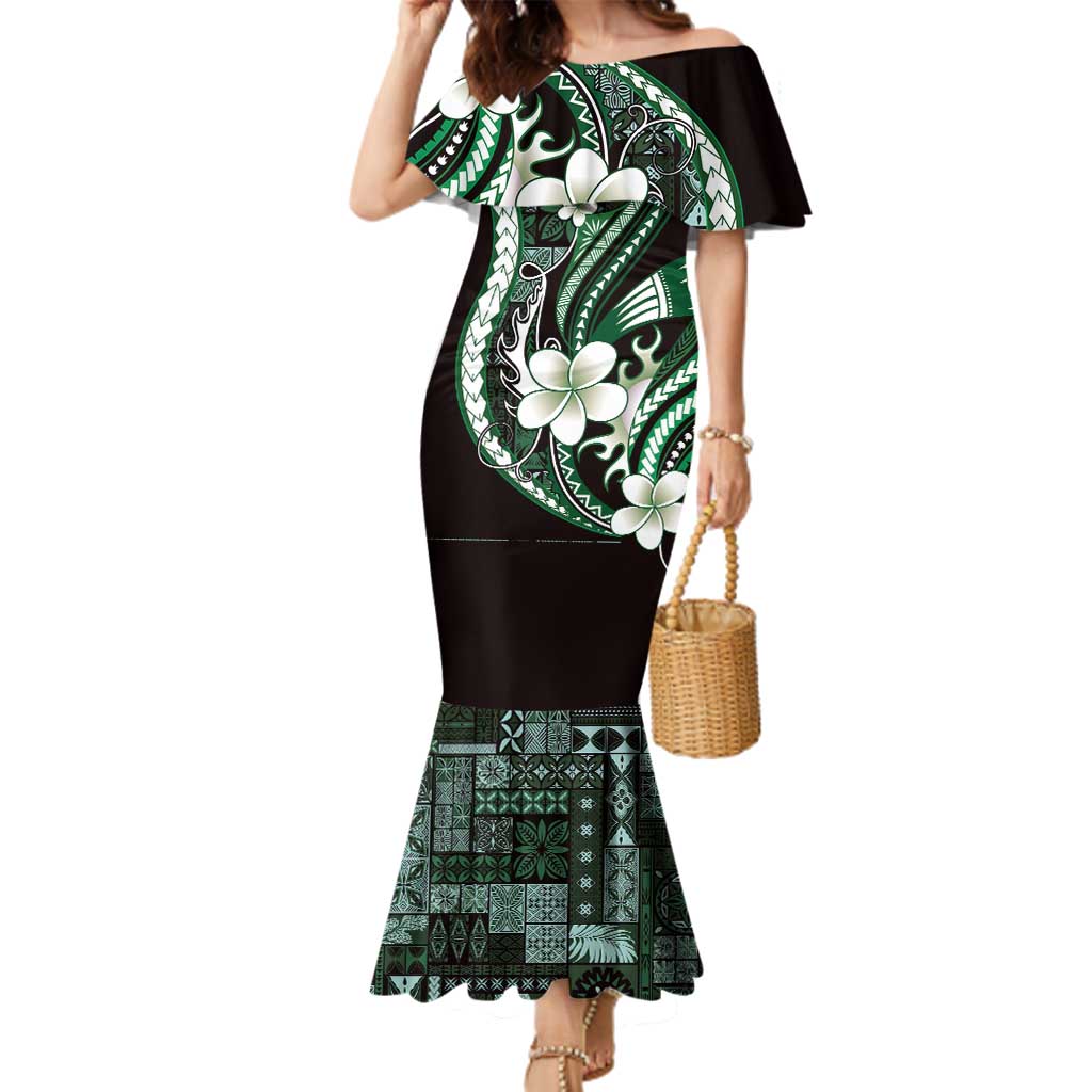 Samoa Siapo Tribal Pattern Family Matching Mermaid Dress and Hawaiian Shirt Forest Green Polynesian Plumeria Tapa Motif LT9 Mom's Dress Green - Polynesian Pride