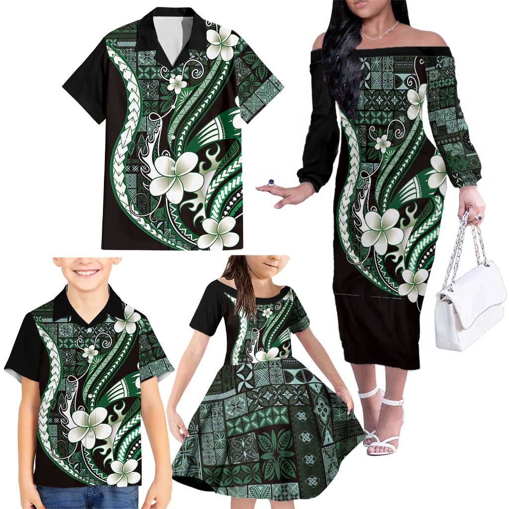 Samoa Siapo Tribal Pattern Family Matching Off The Shoulder Long Sleeve Dress and Hawaiian Shirt Forest Green Polynesian Plumeria Tapa Motif