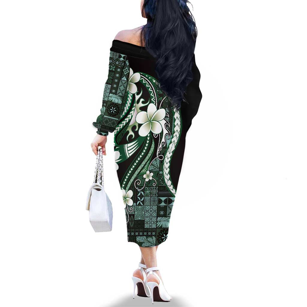 Samoa Siapo Tribal Pattern Family Matching Off The Shoulder Long Sleeve Dress and Hawaiian Shirt Forest Green Polynesian Plumeria Tapa Motif LT9 - Polynesian Pride