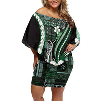 Samoa Siapo Tribal Pattern Family Matching Off Shoulder Short Dress and Hawaiian Shirt Forest Green Polynesian Plumeria Tapa Motif LT9 Mom's Dress Green - Polynesian Pride