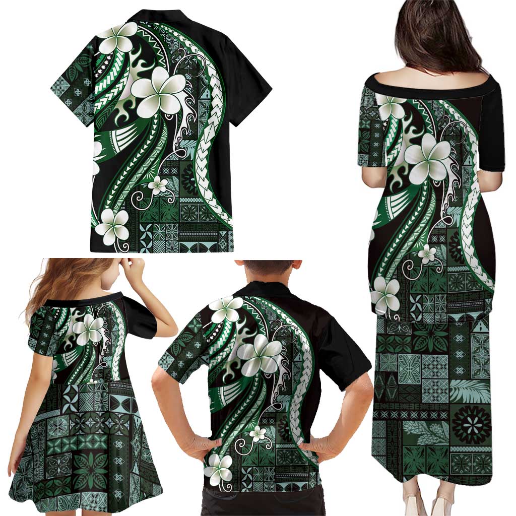 Samoa Siapo Tribal Pattern Family Matching Puletasi and Hawaiian Shirt Forest Green Polynesian Plumeria Tapa Motif LT9 - Polynesian Pride