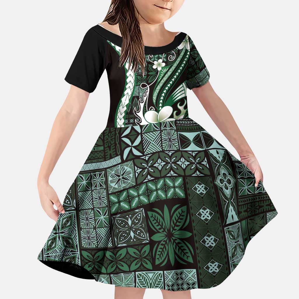 Samoa Siapo Tribal Pattern Family Matching Short Sleeve Bodycon Dress and Hawaiian Shirt Forest Green Polynesian Plumeria Tapa Motif LT9 Daughter's Dress Green - Polynesian Pride