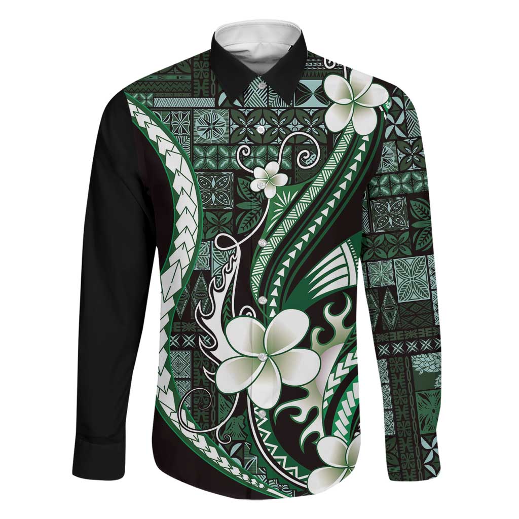 Samoa Siapo Tribal Pattern Family Matching Short Sleeve Bodycon Dress and Hawaiian Shirt Forest Green Polynesian Plumeria Tapa Motif LT9 Dad's Shirt - Long Sleeve Green - Polynesian Pride