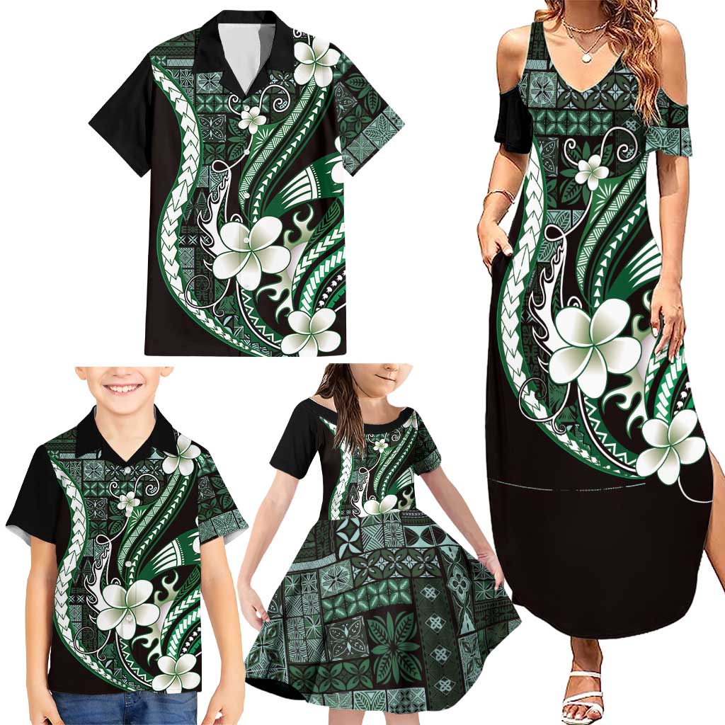 Samoa Siapo Tribal Pattern Family Matching Summer Maxi Dress and Hawaiian Shirt Forest Green Polynesian Plumeria Tapa Motif LT9 - Polynesian Pride