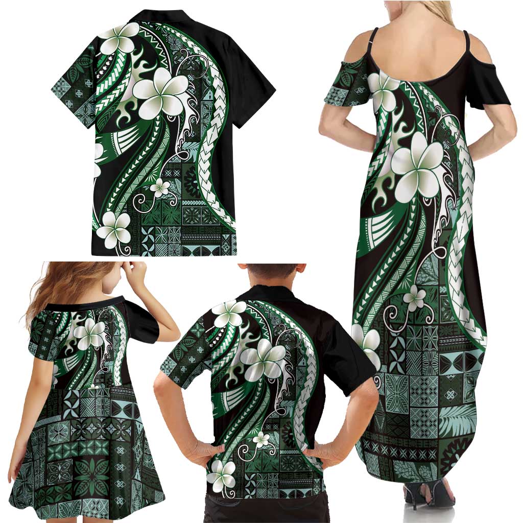 Samoa Siapo Tribal Pattern Family Matching Summer Maxi Dress and Hawaiian Shirt Forest Green Polynesian Plumeria Tapa Motif LT9 - Polynesian Pride