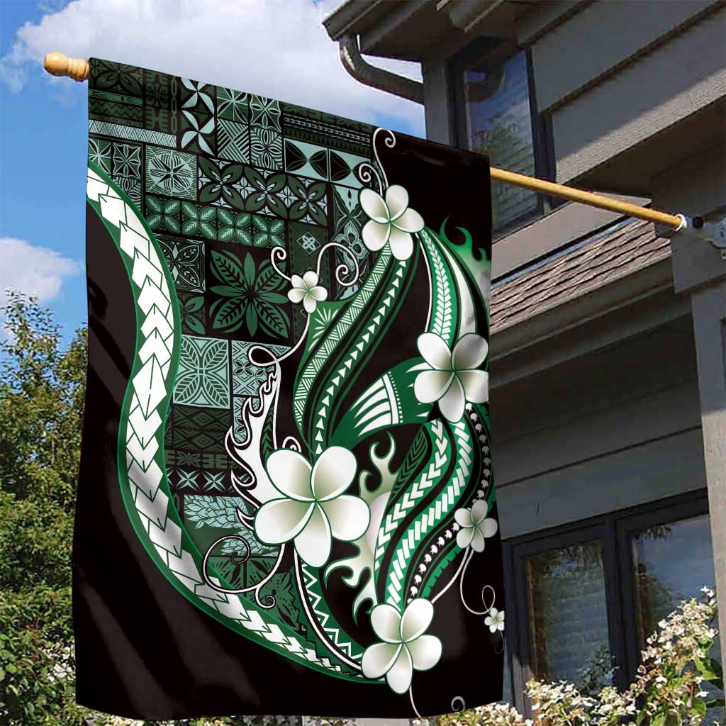 Samoa Siapo Tribal Pattern Garden Flag Forest Green Polynesian Plumeria Tapa Motif