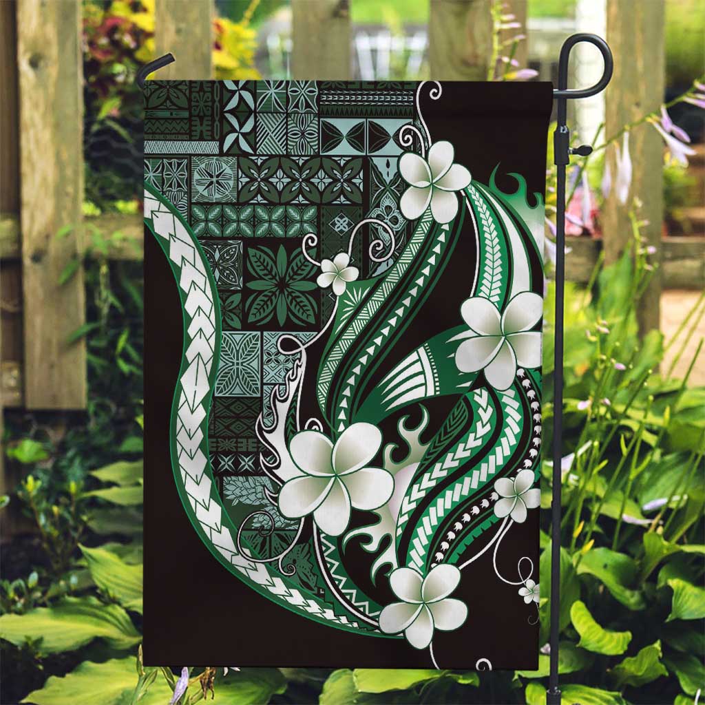 Samoa Siapo Tribal Pattern Garden Flag Forest Green Polynesian Plumeria Tapa Motif