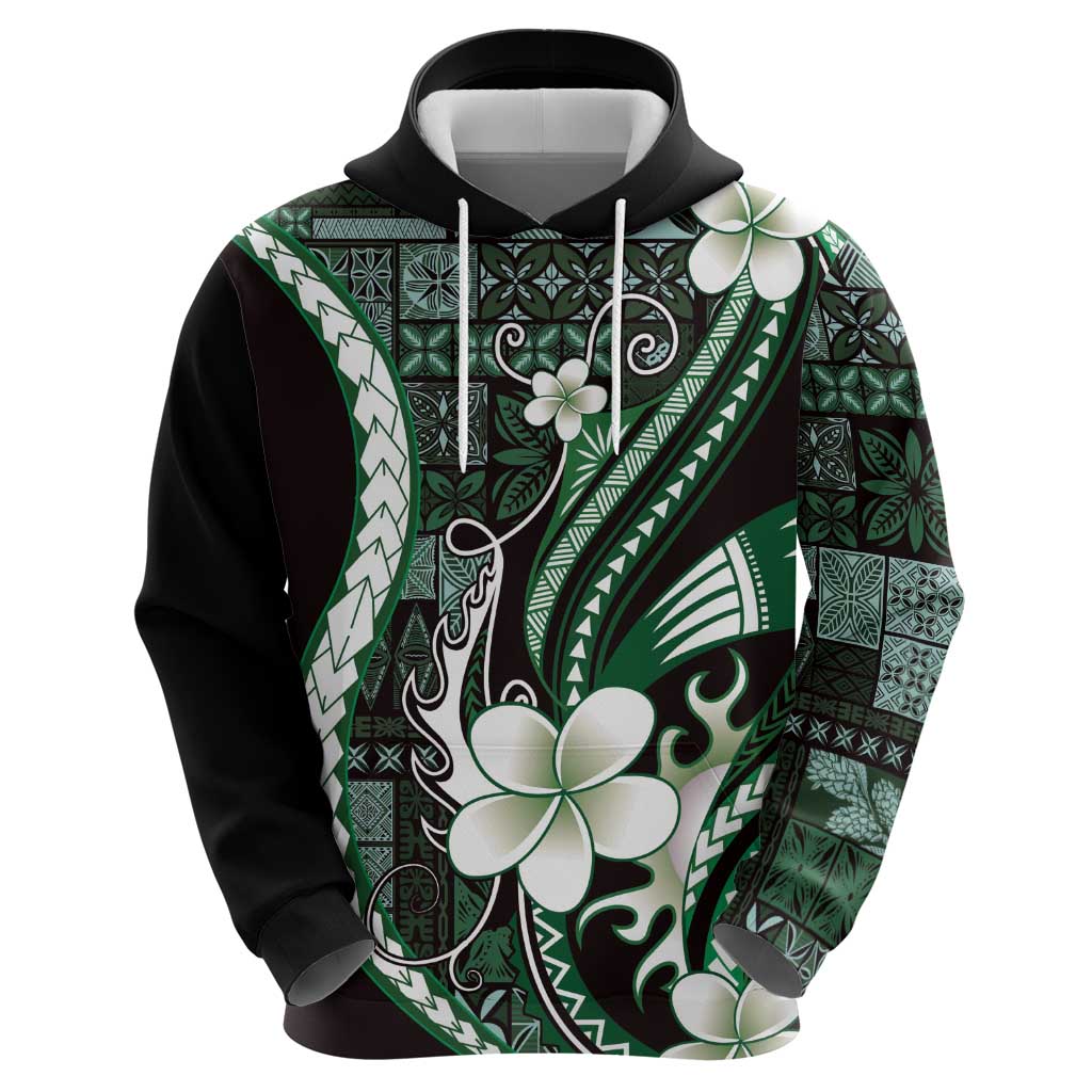 Samoa Siapo Tribal Pattern Hoodie Forest Green Polynesian Plumeria Tapa Motif