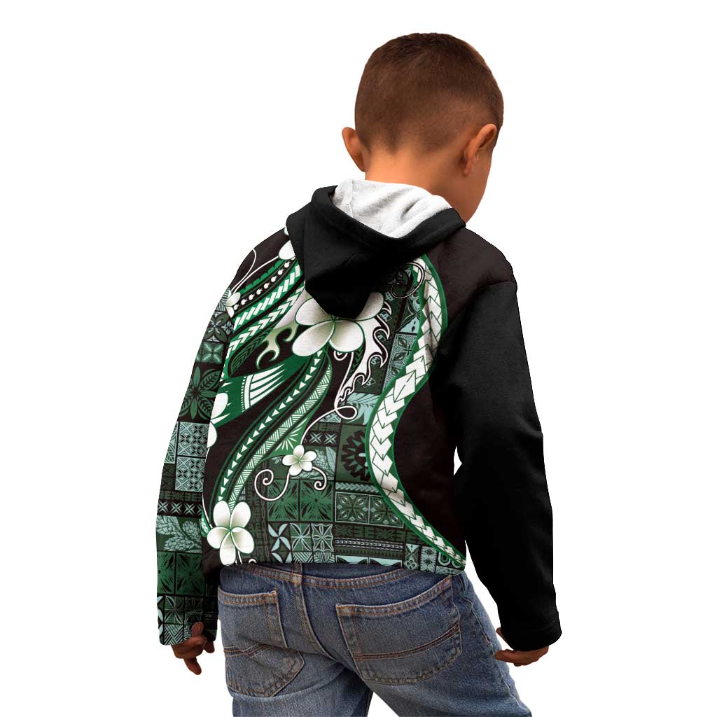 Samoa Siapo Tribal Pattern Kid Hoodie Forest Green Polynesian Plumeria Tapa Motif