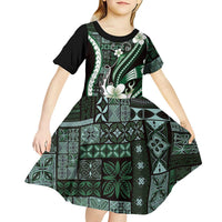 Samoa Siapo Tribal Pattern Kid Short Sleeve Dress Forest Green Polynesian Plumeria Tapa Motif