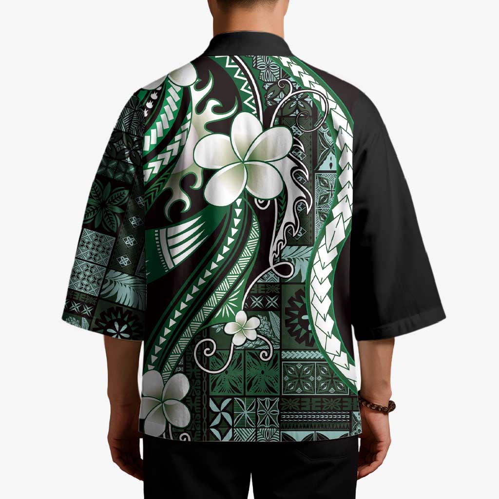 Samoa Siapo Tribal Pattern Kimono Forest Green Polynesian Plumeria Tapa Motif