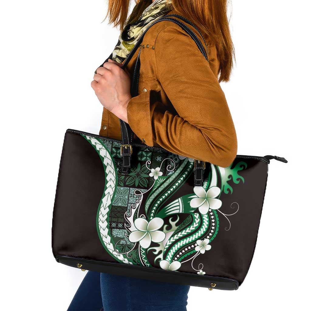 Samoa Siapo Tribal Pattern Leather Tote Bag Forest Green Polynesian Plumeria Tapa Motif