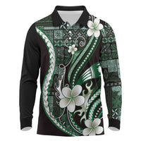 Samoa Siapo Tribal Pattern Long Sleeve Polo Shirt Forest Green Polynesian Plumeria Tapa Motif