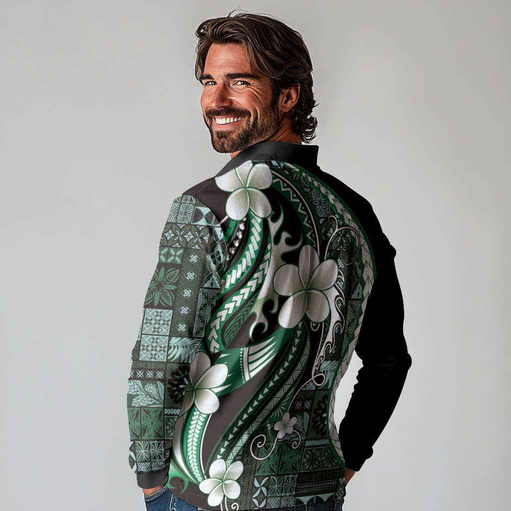 Samoa Siapo Tribal Pattern Long Sleeve Polo Shirt Forest Green Polynesian Plumeria Tapa Motif