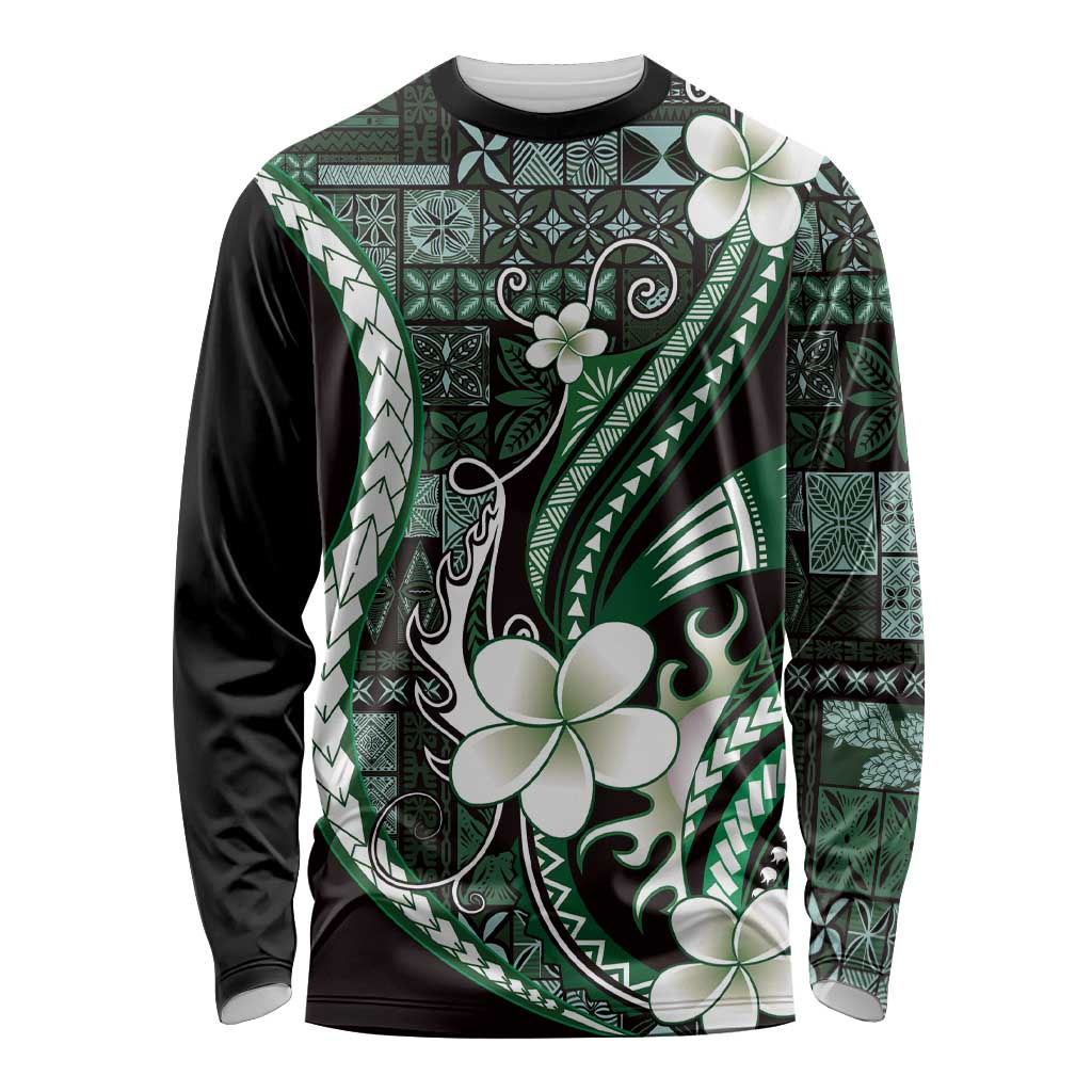 Samoa Siapo Tribal Pattern Long Sleeve Shirt Forest Green Polynesian Plumeria Tapa Motif