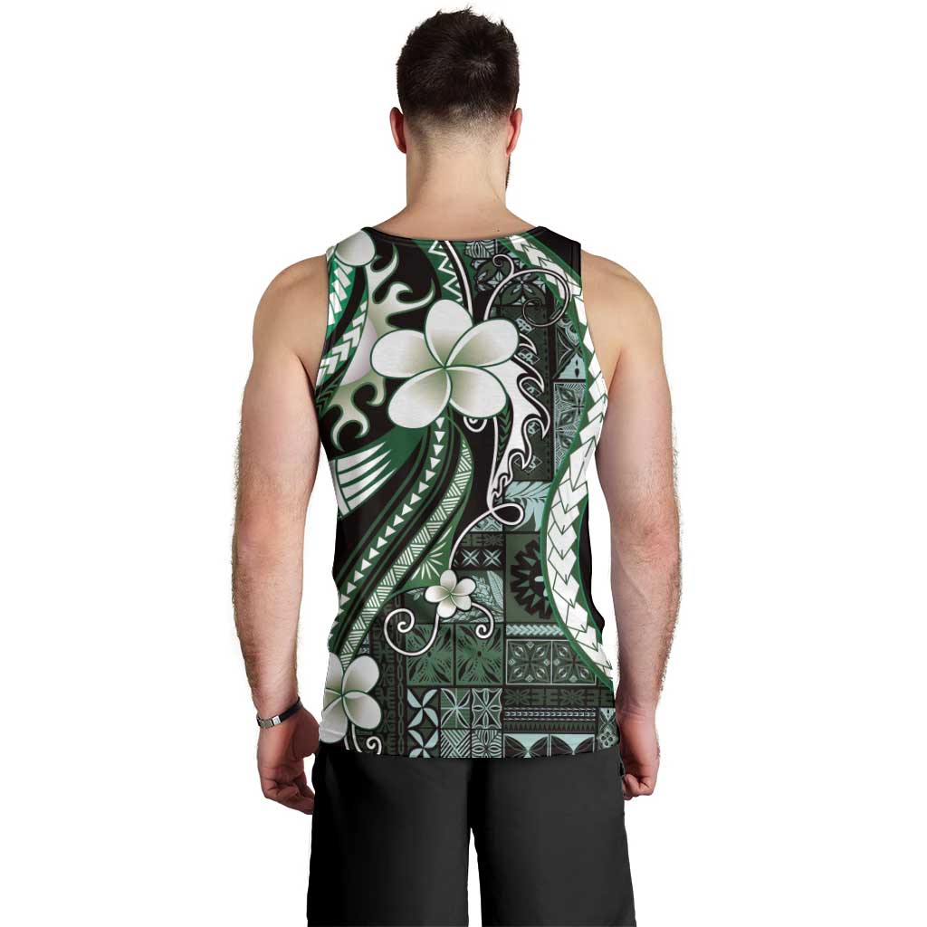 Samoa Siapo Tribal Pattern Men Tank Top Forest Green Polynesian Plumeria Tapa Motif
