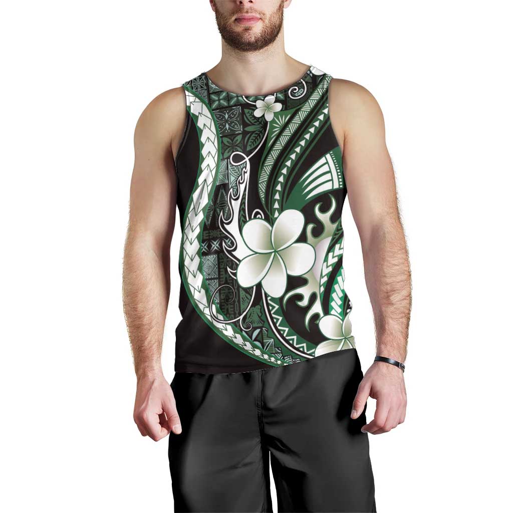 Samoa Siapo Tribal Pattern Men Tank Top Forest Green Polynesian Plumeria Tapa Motif