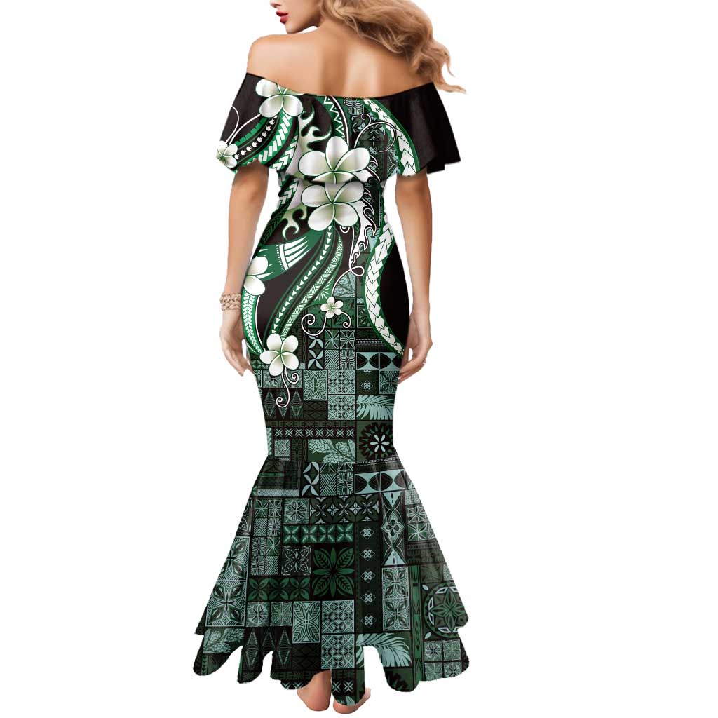 Samoa Siapo Tribal Pattern Mermaid Dress Forest Green Polynesian Plumeria Tapa Motif