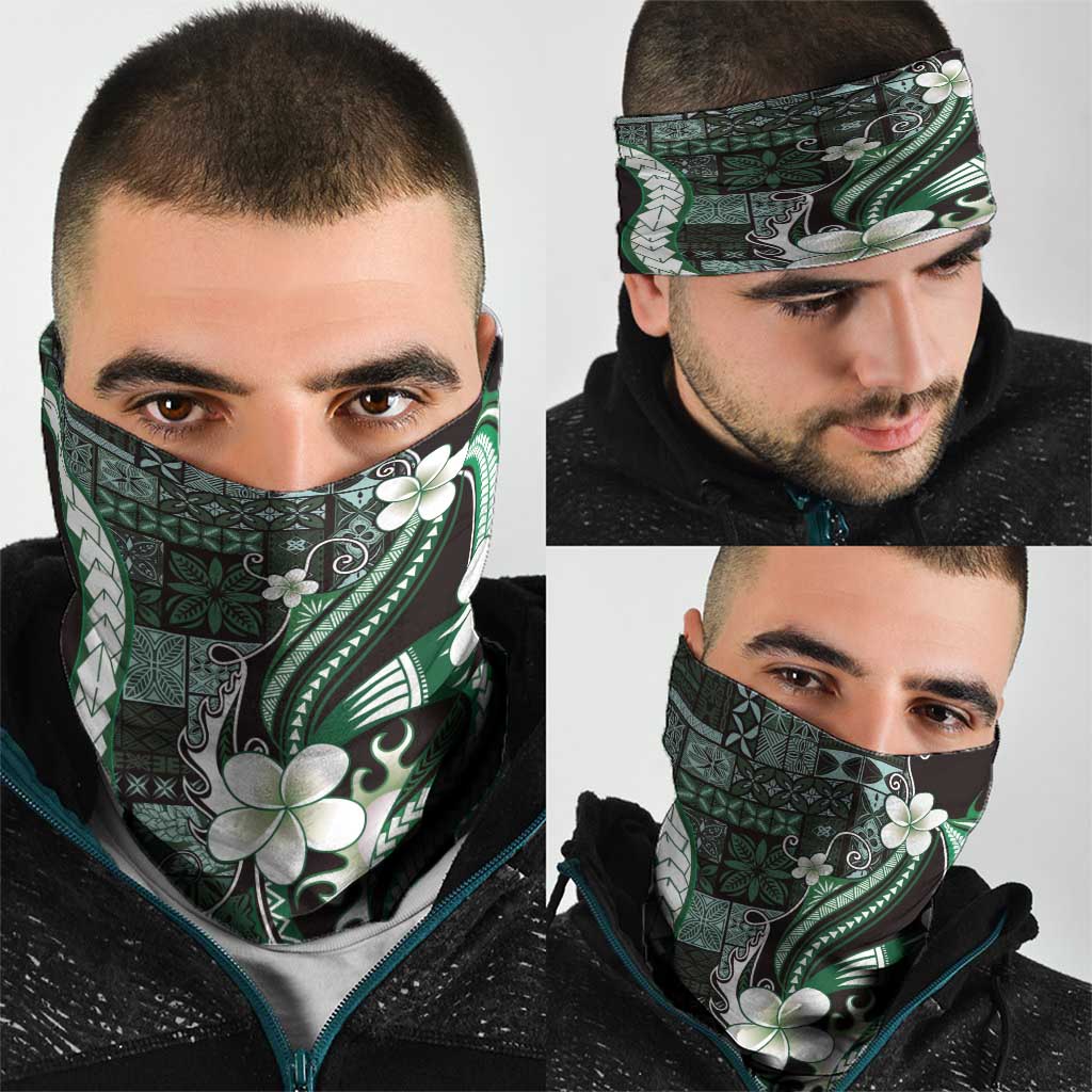 Samoa Siapo Tribal Pattern Neck Gaiter Forest Green Polynesian Plumeria Tapa Motif