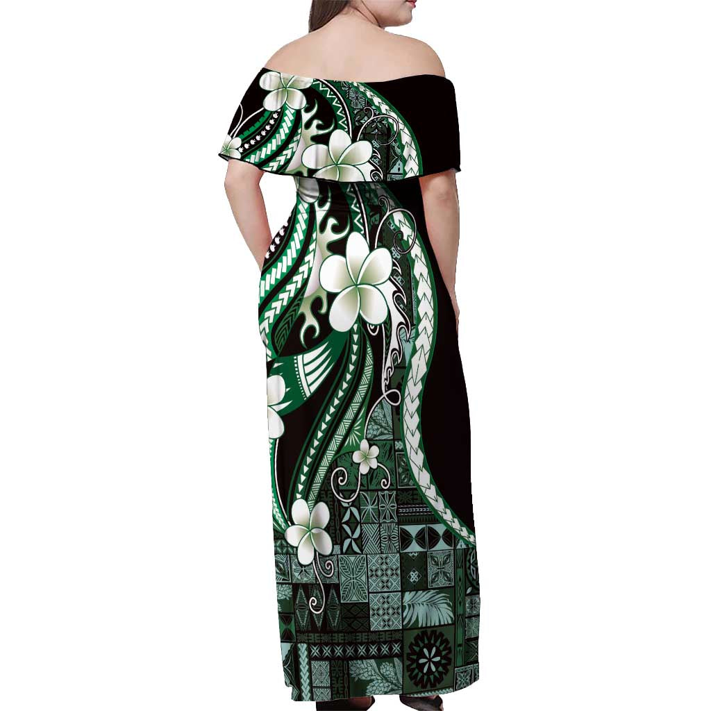 Samoa Siapo Tribal Pattern Off Shoulder Maxi Dress Forest Green Polynesian Plumeria Tapa Motif