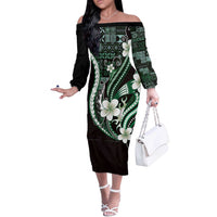 Samoa Siapo Tribal Pattern Off The Shoulder Long Sleeve Dress Forest Green Polynesian Plumeria Tapa Motif