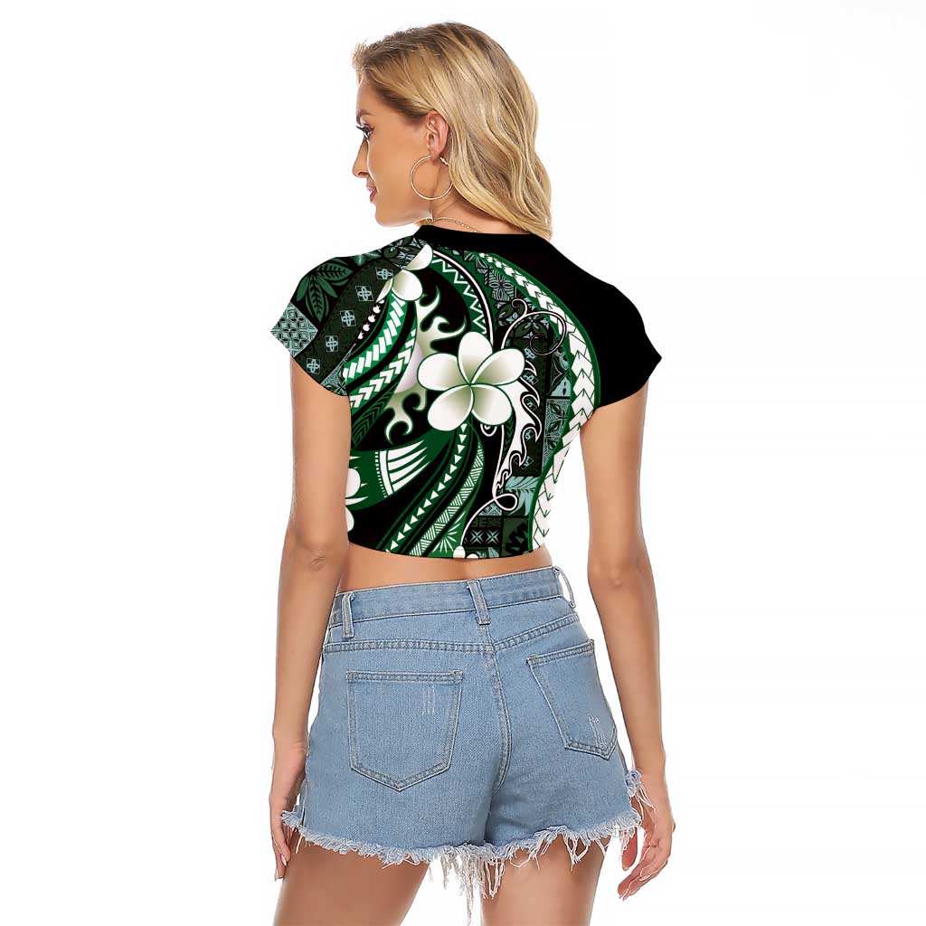 Samoa Siapo Tribal Pattern Raglan Cropped T Shirt Forest Green Polynesian Plumeria Tapa Motif