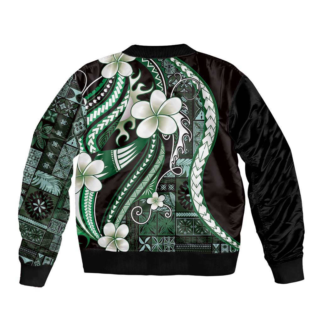 Samoa Siapo Tribal Pattern Sleeve Zip Bomber Jacket Forest Green Polynesian Plumeria Tapa Motif
